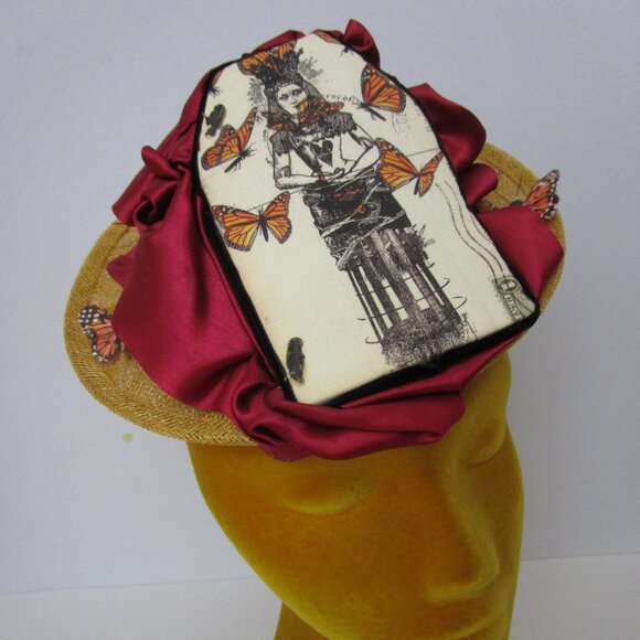 Monarch Butterfly Steampunk Woman Percher Whimsy Hat Wheat Straw Church Easter main image 4